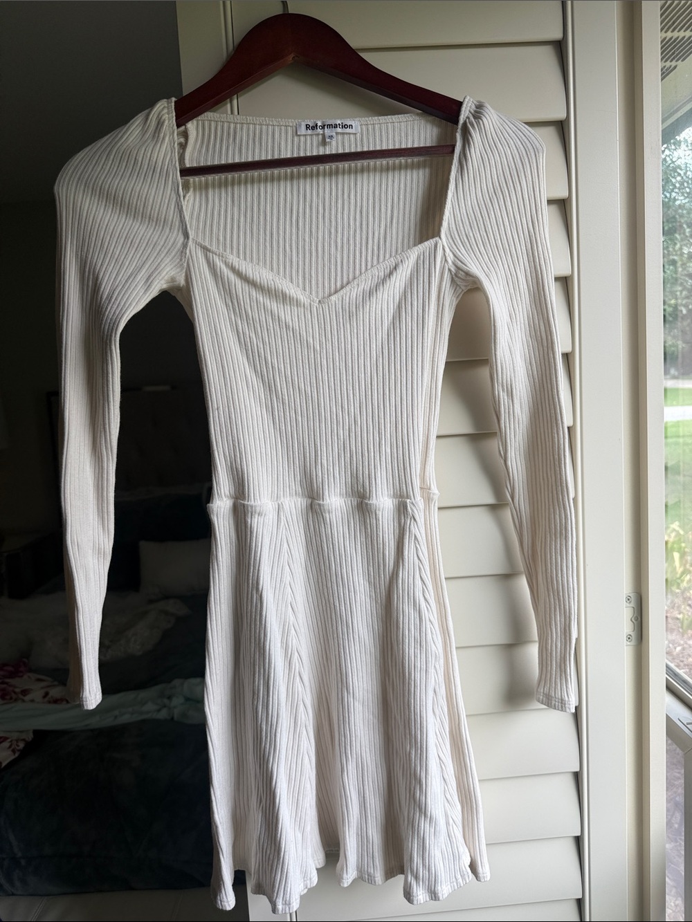 Reformation Ivory Ribbed Long-Sleeve Mini Dress